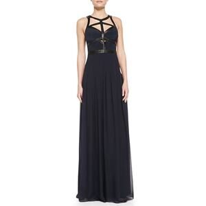 Rebecca Taylor Maxi Leather Caged Gown – Navy Blue Silk & Black Leather, Size 8
